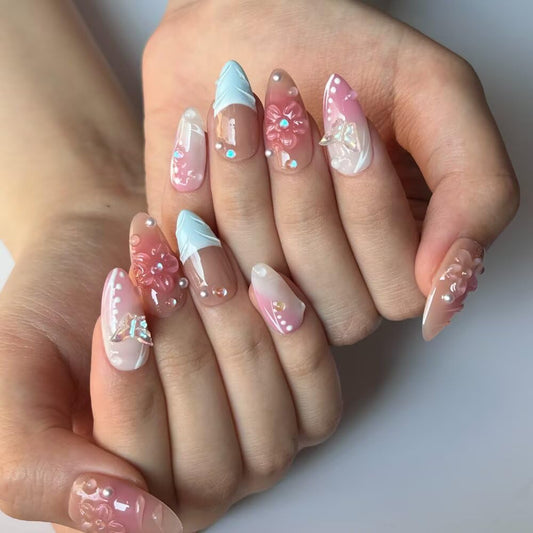 Handmade Press on Nails Medium Almond Fake Nails Blue French Tip with 3D Pearl Design Stick on Nails Pink Artificial Nail Full Cover Glue on Nails for Women DIY 10 Pcs (Size S）