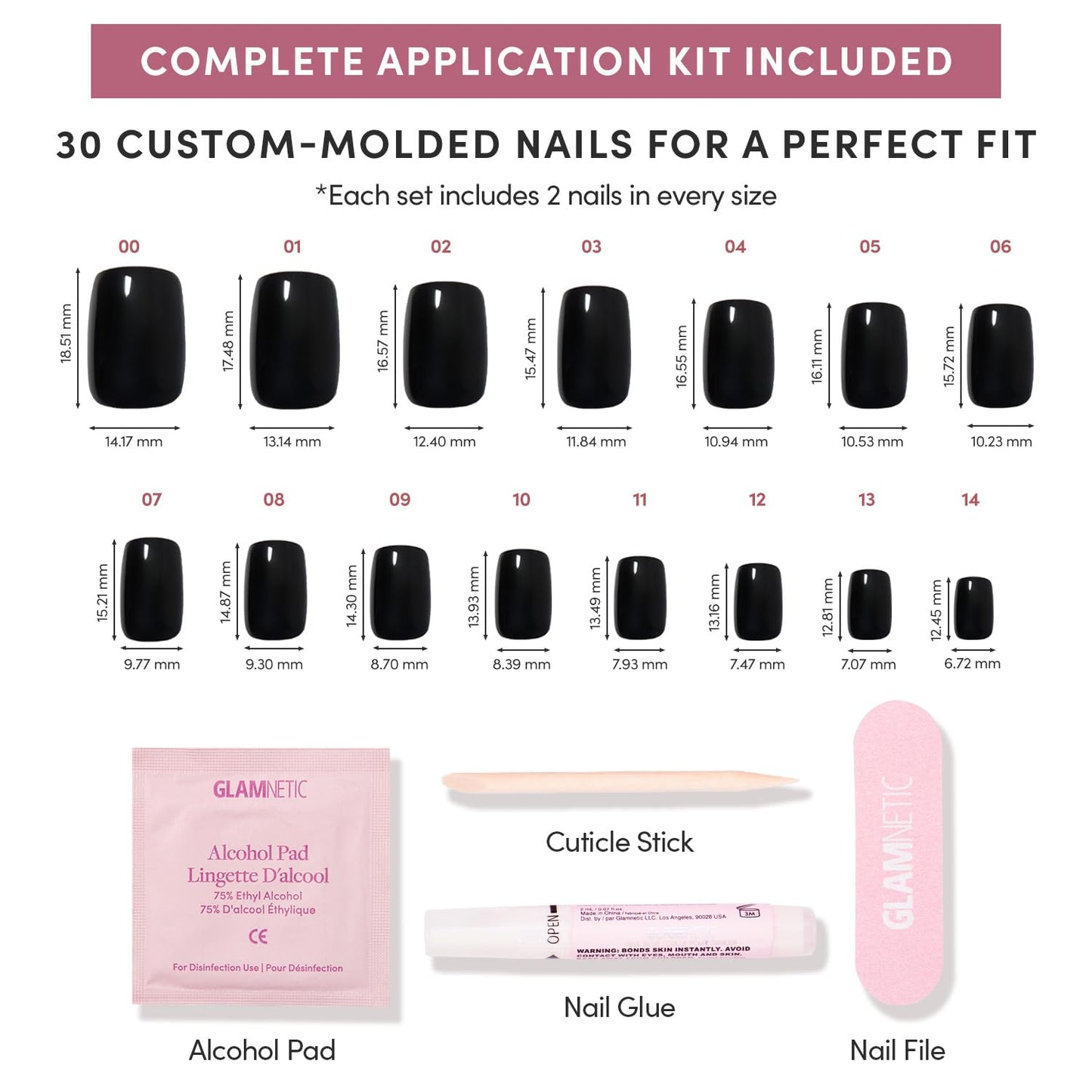 Glamnetic Press-On Nails Bundle - Jet Black, Berry Maroon & Caviar | Squoval Black Fake Nails with a Glossy Finish | Dark Red Maroon Round Nails | Short Almond Black French Tip False Nails