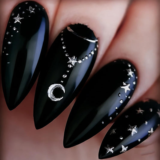 Medium Press on Nails Black Fake Nails Starry Night False Nails with Moon Star Chain Design Almond Shape Artificial Nails Full Cover Starry Sky Acrylic Nails Matte Stick on Nails for Women 24Pcs