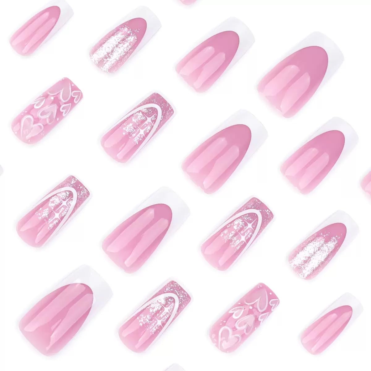 CTTHNBD Press on Nails Square - Medium Pink Fake Nails with Heart Desgin - White French Tip False Nails Press ons - for Women 24 Pcs