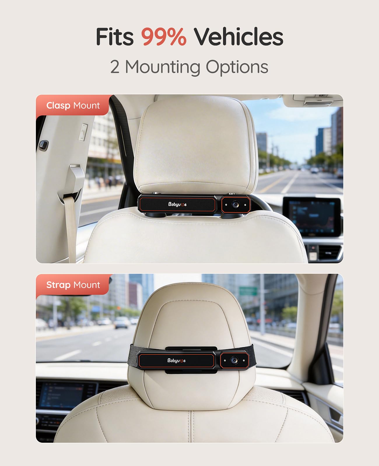 Babyvue Wireless Baby Car Camera, Easy 2-Step Setup, 5.2" Display, 1080P HD IR Night Vision, Clip-On or Strap Mount, 3X Zoom, Back Seat Camera for Baby