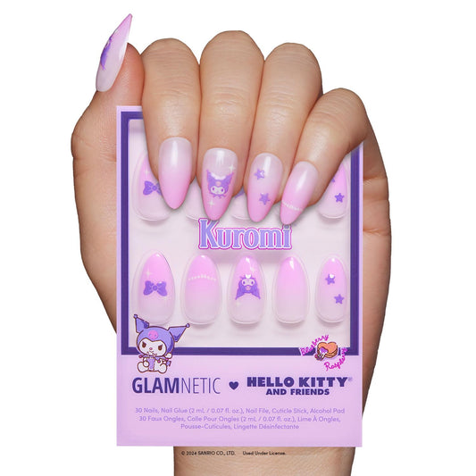 Glamnetic x Hello Kitty® and Friends Press On Nails - Kuromi™ | Short Almond Purple Ombre Graphic Fake Nails in a Glossy Finish | 15 Sizes - 30 Nail Kit with Glue