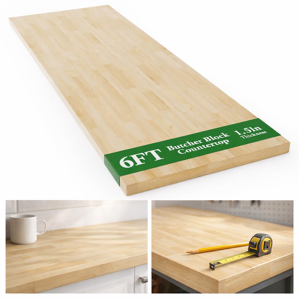 6FT Butcher Block Countertop Birch Solid Wood - 72" x 24.5" Table Top Butcher Block Cutting Board for Kitchen Island Living Dining Table Office Desk Workbench Countertop Unfinished 1.5" Th