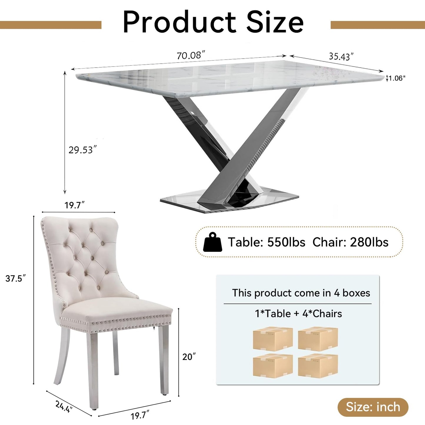 Pvillez 7 Piece Faux Marble Dining Table Set for 6, 70" White Silver Kitchen Table Set with X-Shape Stainless Steel Base, Modern Dining Room Table Set with 6 Beige Velvet Chairs for Kitchen Dining