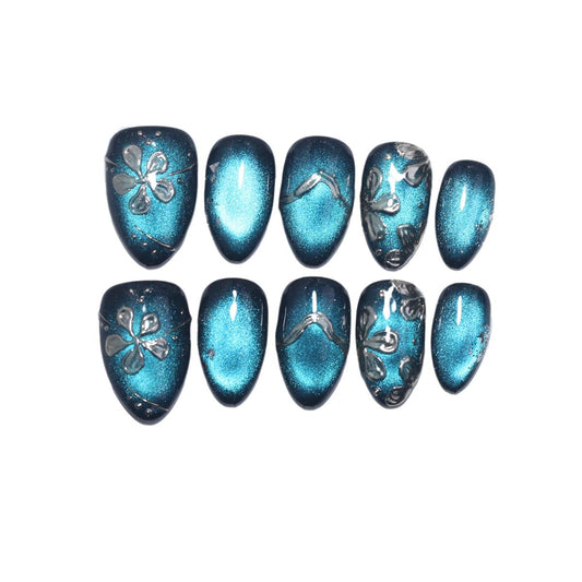 10 Pcs Short Almond Handmade Press On Nails | Teal Cat Eye with Silver Floral & Foil Accents | Reusable, Easy to Apply & Remove, Salon-Quality Manicure (RR17, S)
