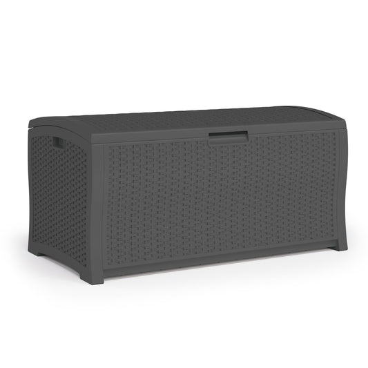 Suncast Deck Box Extra Large, 122 Gallon Outdoor Storage Box for Cushions, Peppercorn Resin Wicker Patio Storage Container, Lockable Outside Bin for Decks, Patios, Porches, Pools, Backyards, & Gardens