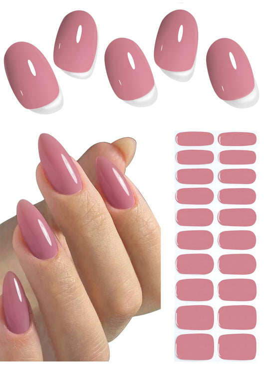 Semi Cured Gel Nail Strips, Rose Pink, 20pcs Gel Nail Stickers Work with UV, Easy to Use and Remove