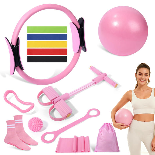 Pilates Kit 14 Pcs, Pilates Essentials Kit for Women, Pilates Equipment for Home with Yoga Circle Ball Ring, 5 Resistance Bands,Pedal Puller Resistance Band,Anti-Slip Socks for Starter Set Accessories