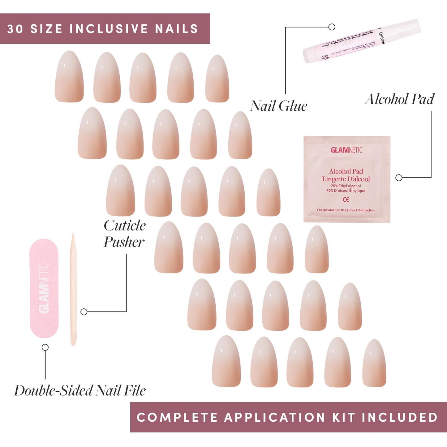 Glamnetic Press-On Nails Bundle - Fiancéd, Goal Digger & Berry Maroon | Fake Nails with a Nude Ombré | Natural Short Round False Nails with Gold Foil | Short Oval Beige-Pink Nails with a