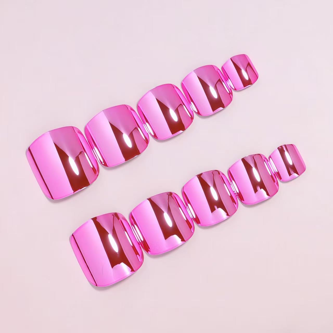 Pink Electroplating Press on Toes Nails Square Fake Toe Nails with Cherry Blossom Pink Chrome Designs Full Cover Metallic Mirror Acrylic Toe Toenails for Women Girls Summer Daily Wearable 24Pcs