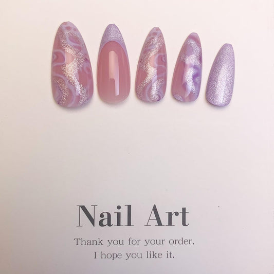 Mave Medium Purple Marble Glitter Acrylic False Nails - Shiny Stick On, 24Pcs with French Nails Glossy Finish