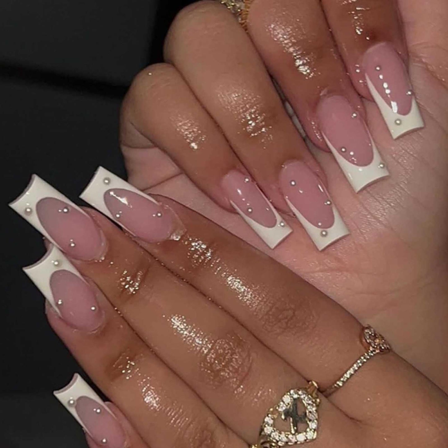 Gifiky White French False Nails Long Coffin Press on Nails Cute Pearls Nails Tips Acrylic Ballerina Fake Nails for Women and Girls 24Pcs