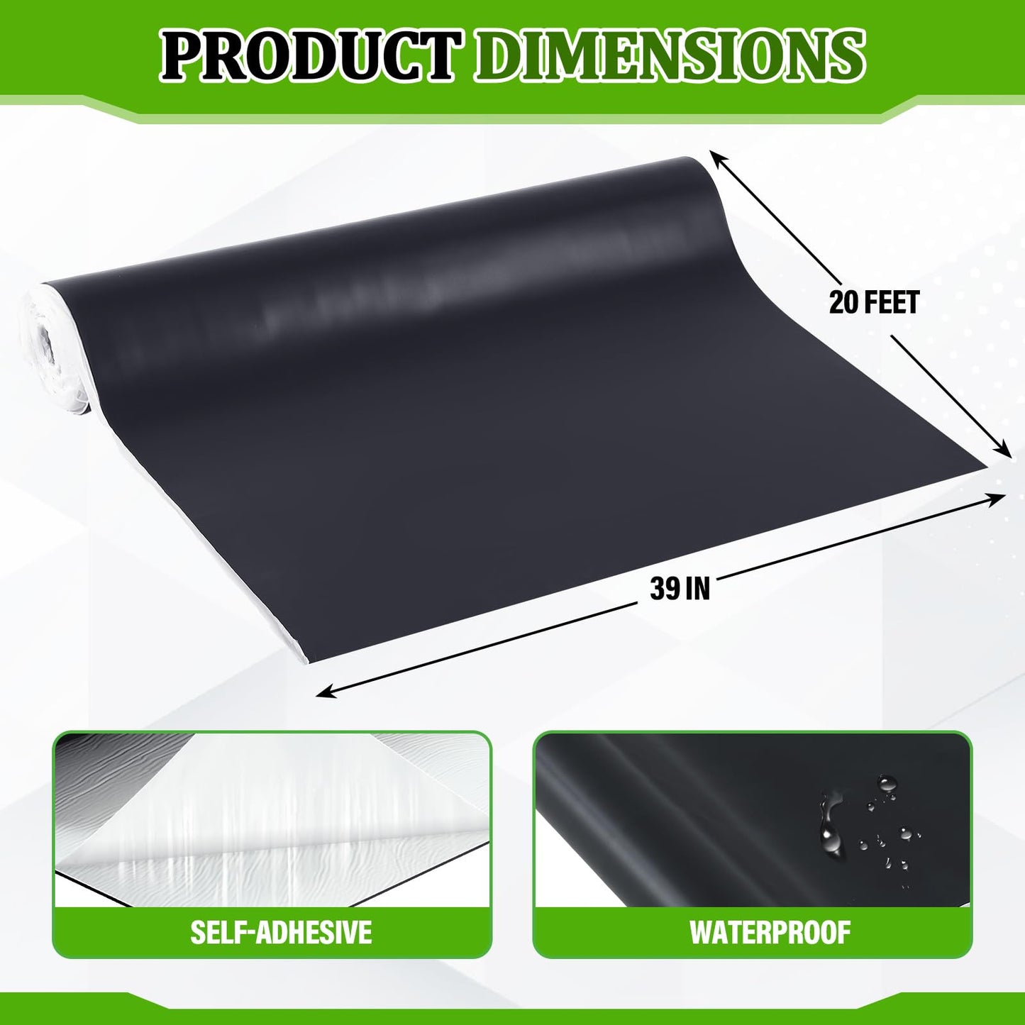 Pushglossy 1 Roll EPDM Rubber Roofing Membrane 39" x 20ft, Self-Adhesive Waterproof Underlayment, 50 Mil Reinforced Flat Roof Sheet, Ice and Water Sheet for RV, Shed, Garage and Patio