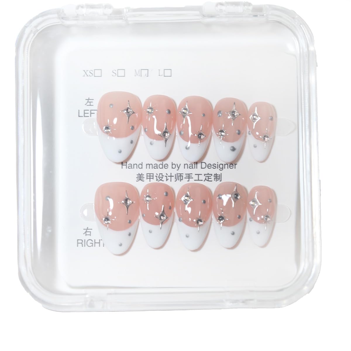 10 Pcs Short Almond Handmade Press On Nails | French Tip with Silver Starburst & Rhinestone Accents | Reusable, Easy to Apply & Remove, Salon-Quality Manicure (RR10, S)