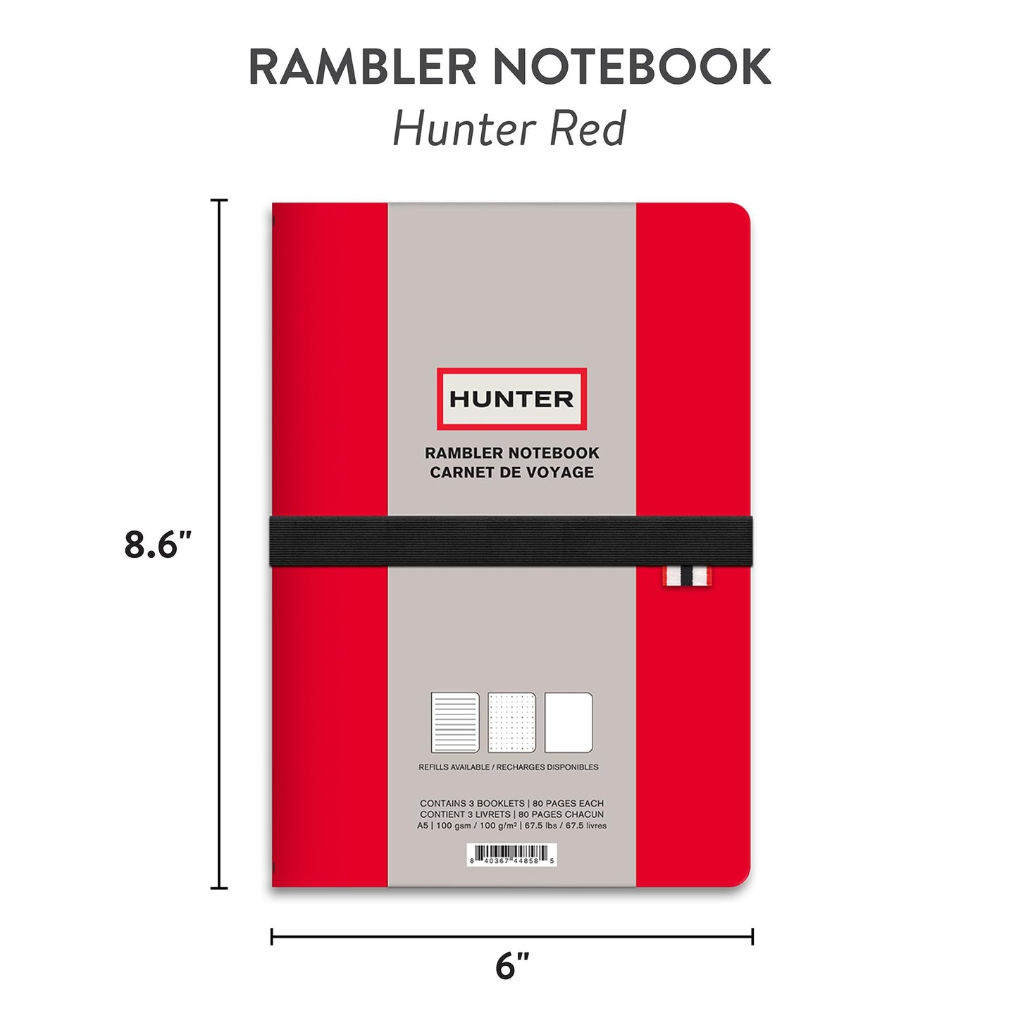 Hunter - Rambler Refillable Notebook, 8.6” X 6” Book with 3 A5 Booklets, 80 Pages Each of Lined Paper, Dot Grid, & Blank Pages for Drawing or Journaling, Elastic Band & Inside Pocket, Hunter Red