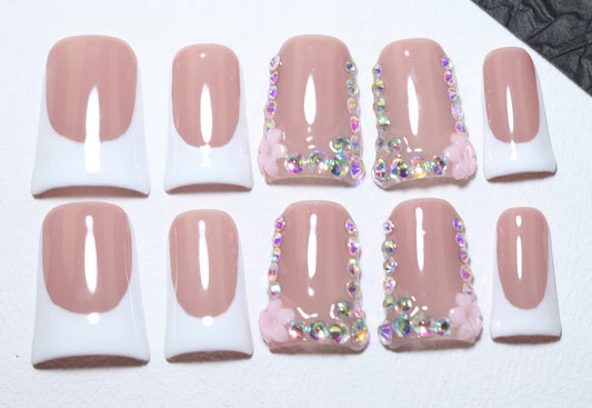 10Pcs Duck Shape Handmade Press On Nails | Easy Apply & Remove, Reusable Salon Quality Nails | Elegant Nude Pink Fake Nails with 3D Flower & Iridescent Rhinestone Classic French Accents (251207, S)