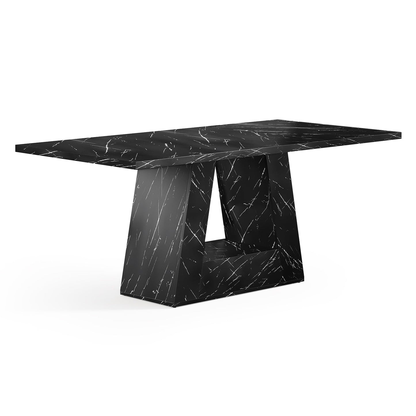 LITTLE TREE Dining Table for 4-6 People, 63 Inches Dining Room Table with Wooden Triangle Pedestal Base, Black Faux Marble Rectangle Dinner Kitchen Table for Dining Room, Kitchen, Living Room