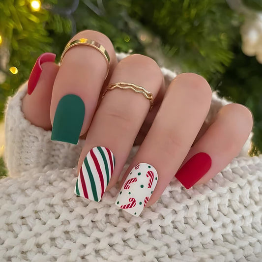 Christmas Press On Square Shape Fake Nails with Red Green Line Christmas Ribbon Candy Pattern Design Full Cover Acrylic Glue On Nails for Women