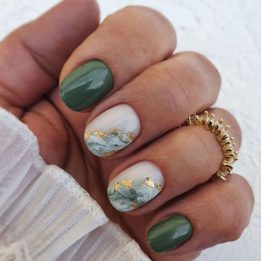 plalely Square Press on Nails Short Green Fake Nail Marble Acrylic Nail Press ons Stick on Nail for Women 24pcs