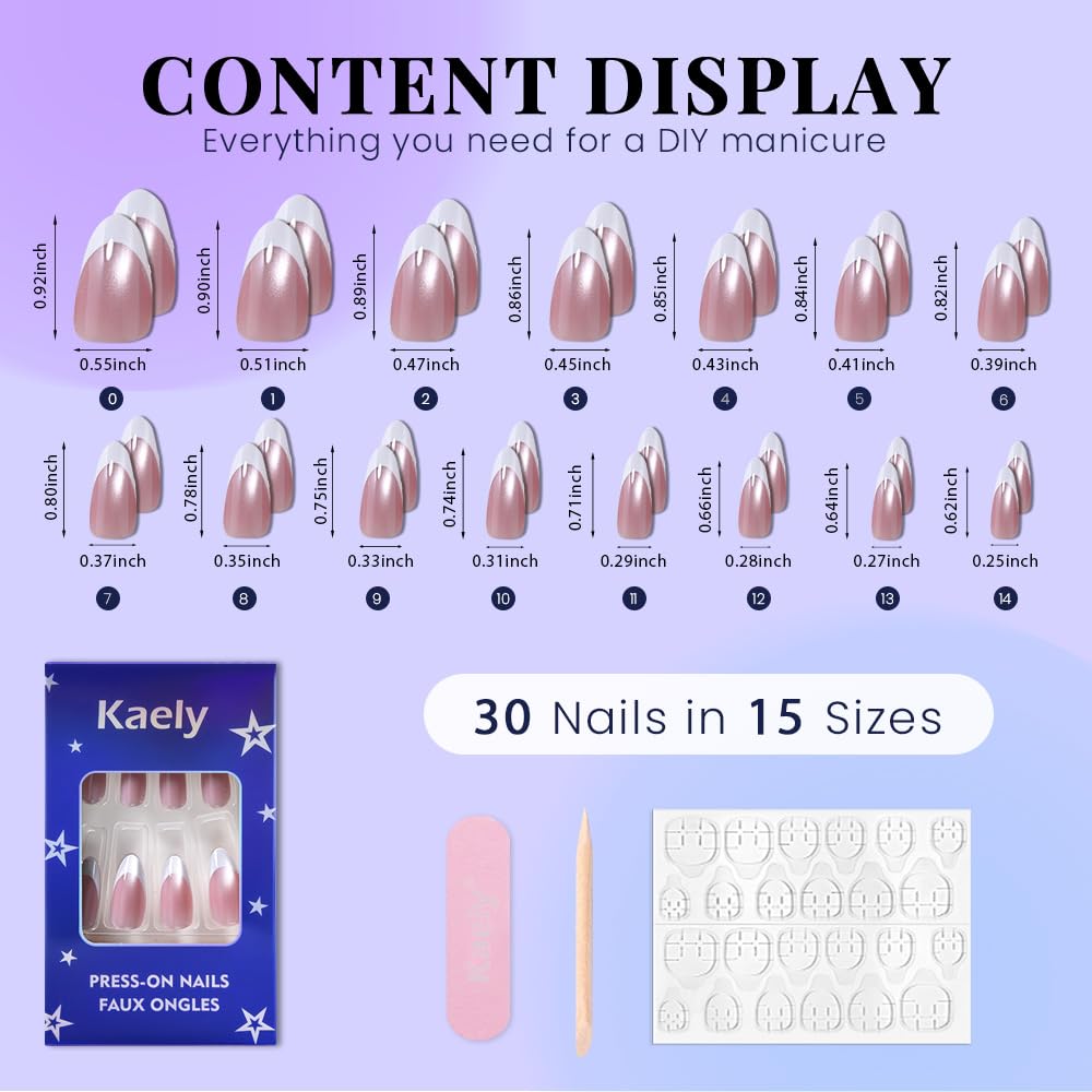 evpct Mauve Cat Eye French Tip Press on Nails Almond Medium No Glue, White French Tip Medium Almond Holographic Stick on Nails for Women, Reusable Full Cover Soft Press on Nail Perfectly with Design
