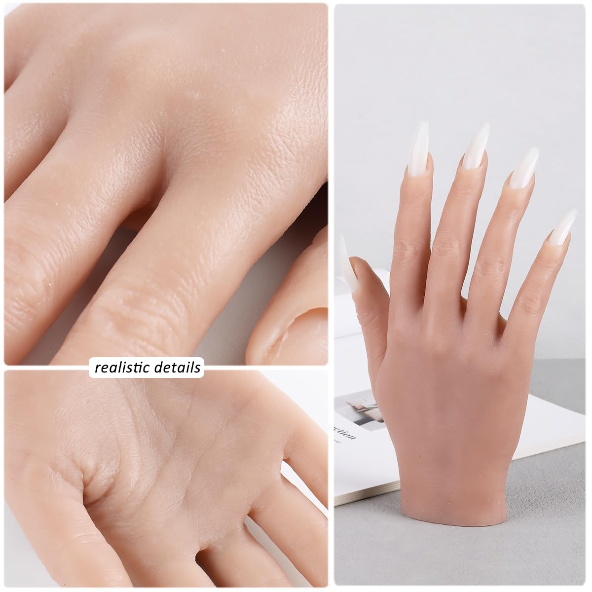 Fcozpjk Silicone Practice Hand for Acrylic Nails, Soft Flexible Fake Hand Practice Nail Acrylic Technician Fake Nail Mannequin Hand with 100PCS False Nail Tips, Nail Art Beginner Kit Training Tools