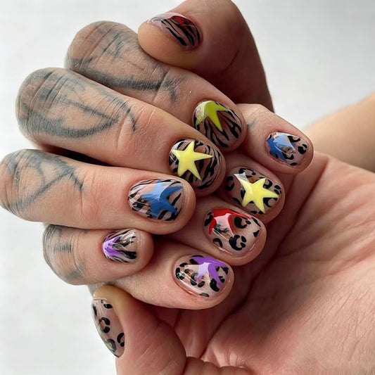Short Square Press on Nails Colorful Star Fake Nails with Leopard & Zebra Print Design Acrylic Reusable Nails Press ons Full Cover Glossy Glue on Nails for Women Manicure 24Pcs