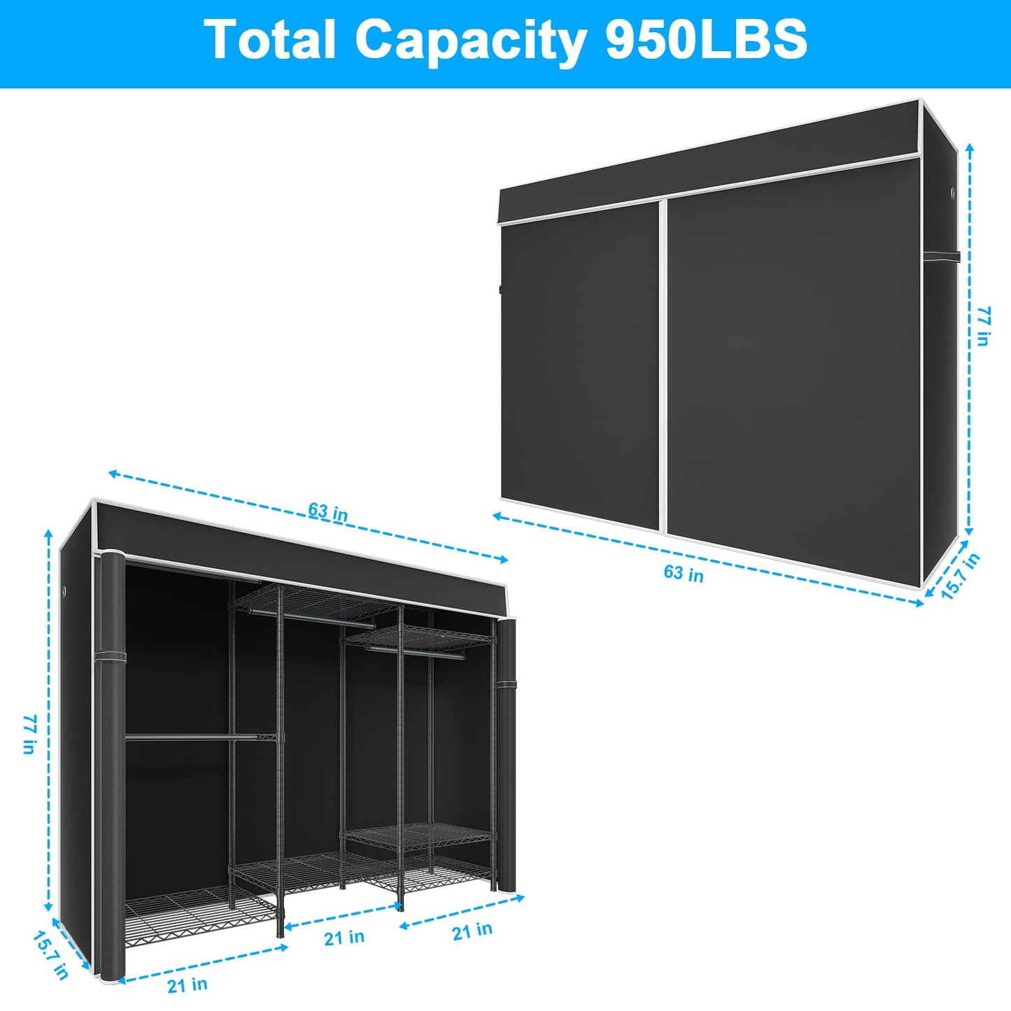 Ulif E13C Heavy Duty Closet Organizer System，Freestanding Clothing Racks for Hanging Clothes，Adjustable Garment Rack 63" W x 16" D x 77" H Hold 960 lbs，Black Clothing Rack with Black Dustproof Cover