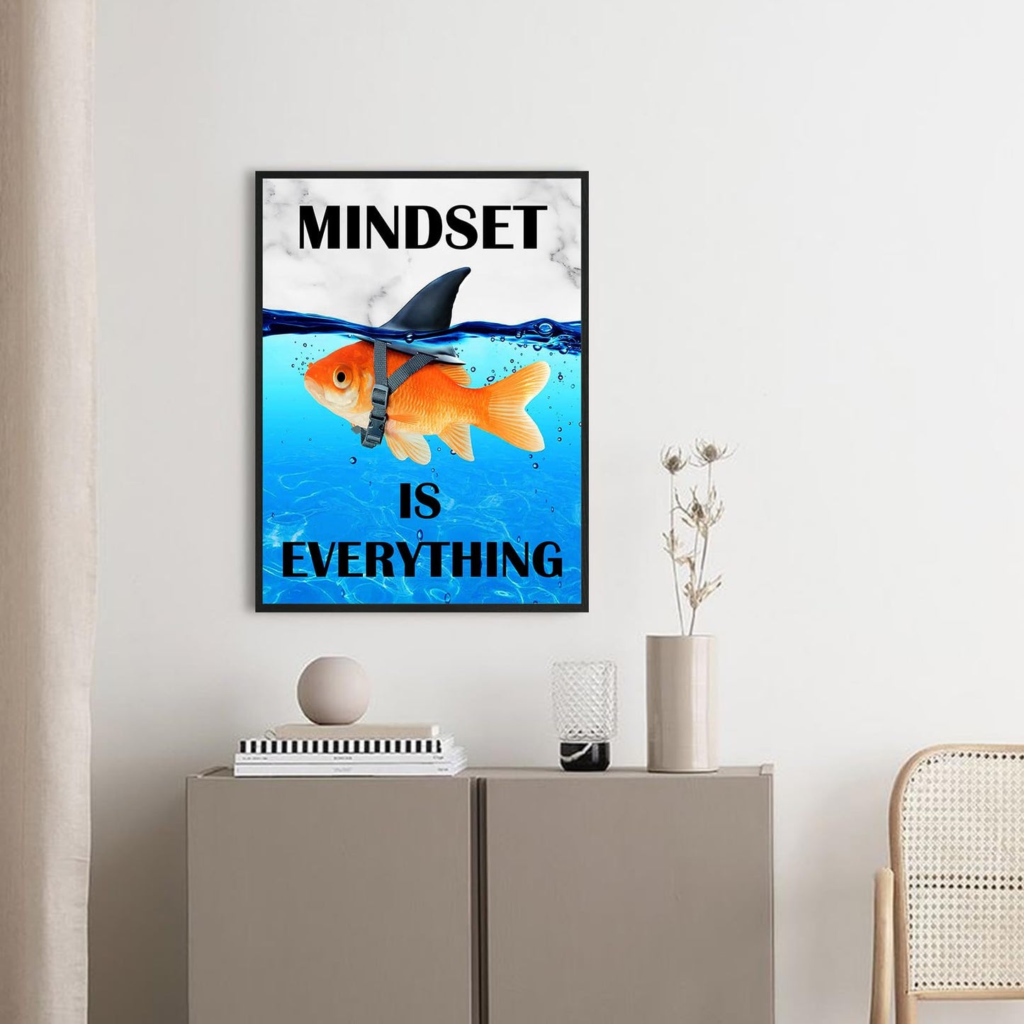 Mindset Is Everything Wall Art:Motivational Wall Decor for Office,Goldfish Prints Posters Inspirational Wall Art Framed,Uplifting Self Improvement Positive Quote Home Office Wall Art 12"x15"