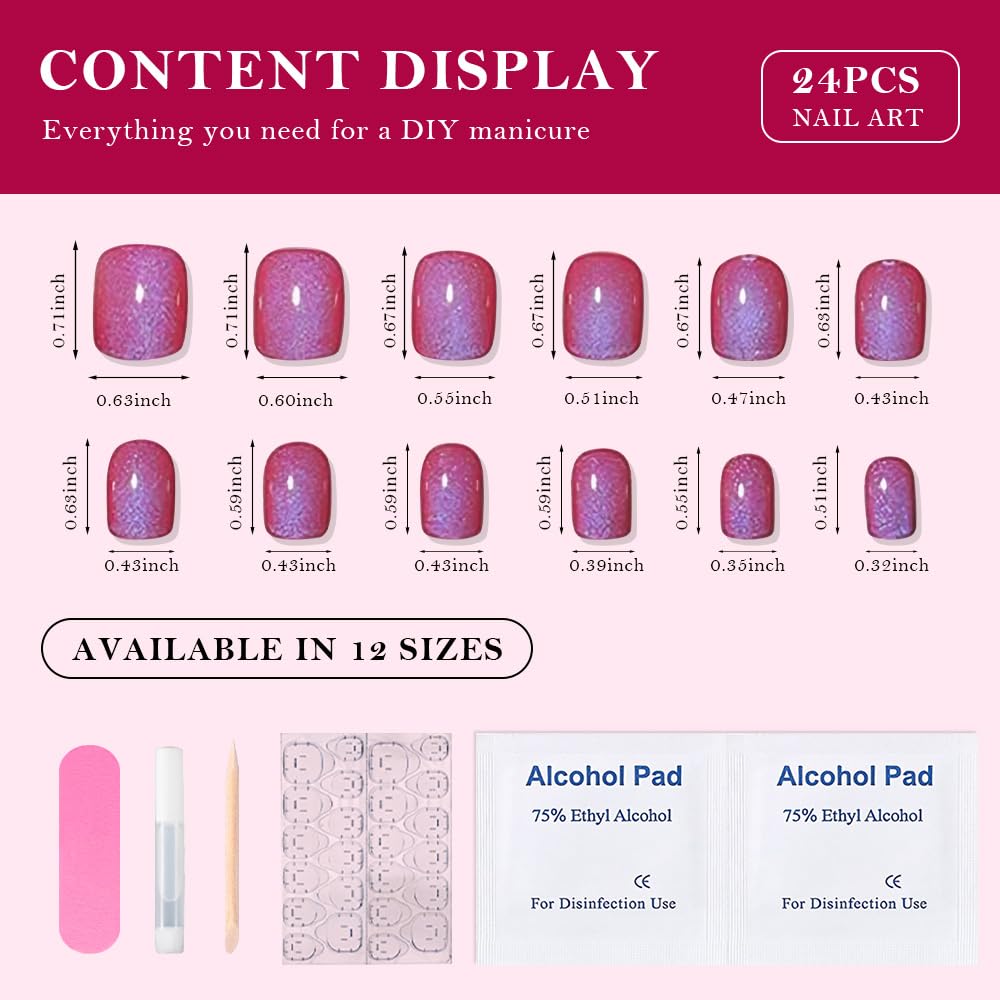 Blue Red Cat Eye Extra Short Press on Nails Square, Petite Short Square Stick on Nails for Women Gift, Purple Red Metallic Glitter Glossy Reusable Soft Gel Press on Acrylic Fake Nail with Designs