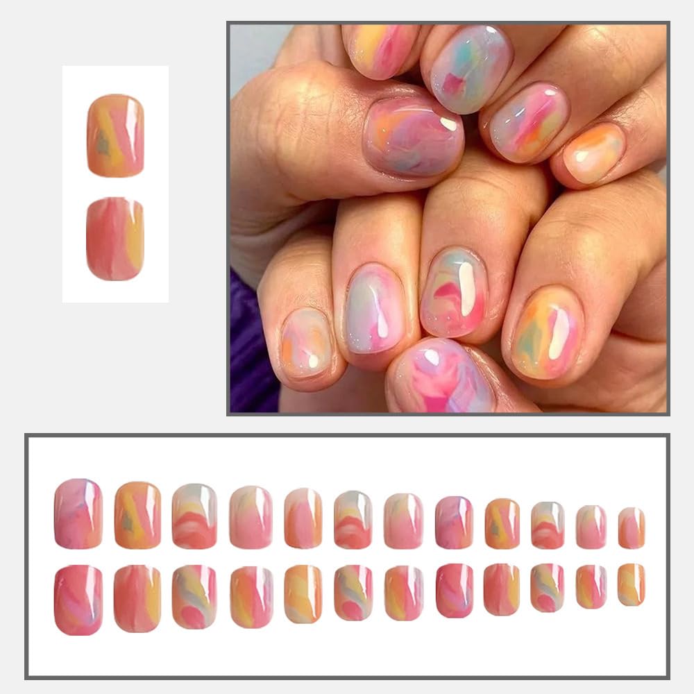 CTTHNBD Short Press on Nails Square - Ombre Fake Nails with Colorful Design - Cute, Glossy Stick on False Nails - for Women 24 Pcs