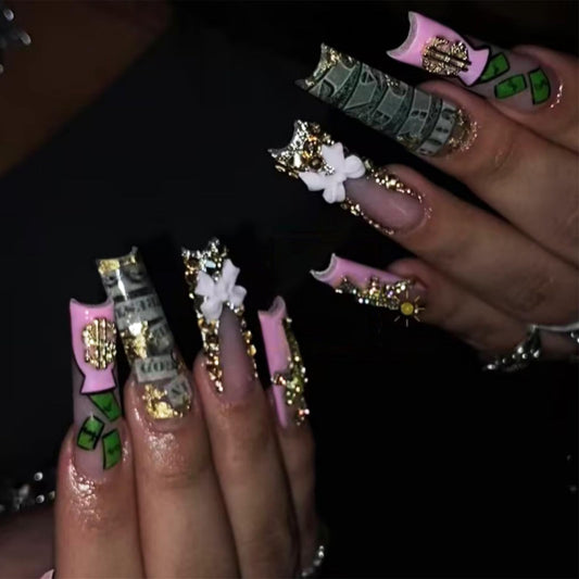 IMRAIN Long Square Press on Nails Pink French Tip Fake Nails with Designs Gold Charms & Rhinestone False Nails Glossy Glue on Nails Artificial Extra Long Nail Supplies 24Pcs