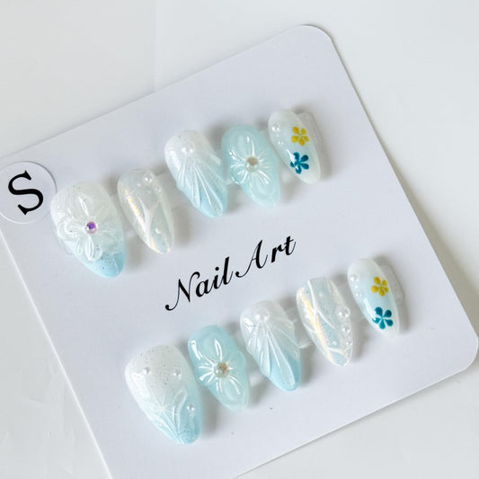 10PCS Handmade Press on Nails Short Almond Fake Nails Blue Gradient Acrylic Nails with Glitter designs Stick on Nails Pearl 3D Flower Unique Full Cover Gel Glue on Nails for Women False Nails（S Size）