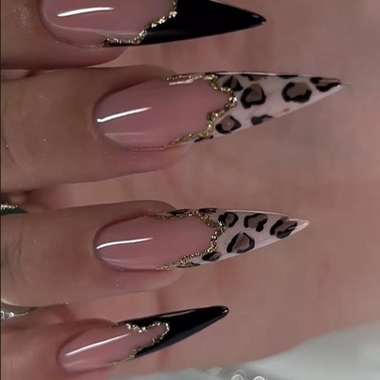 Stiletto Press On Nails Long Fake Nails Leopard Print With Glitter Design French Tip False Nails Artificial Glossy Reusable Acrylic Nail Full Cover Stick On Nail For Women Manicure Art 24pcs