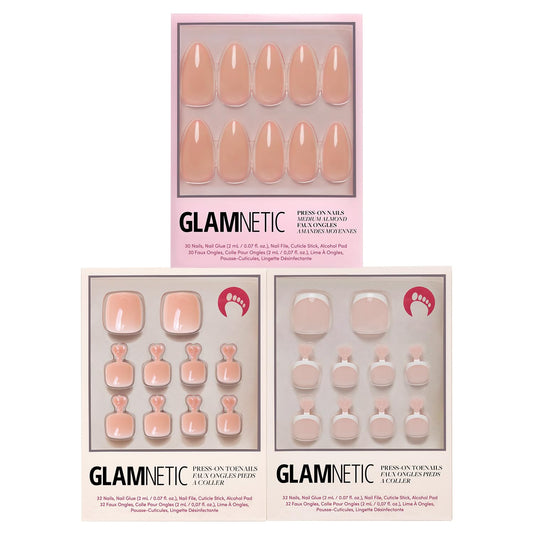 Glamnetic Press-On Nails Bundle - Azure Blue, Hailey & Fairy Dust | Bright Blue Round Fake Nails | Glazed Almond False Nails | Short Oval Beige-Pink Nails with a Metallic Finish