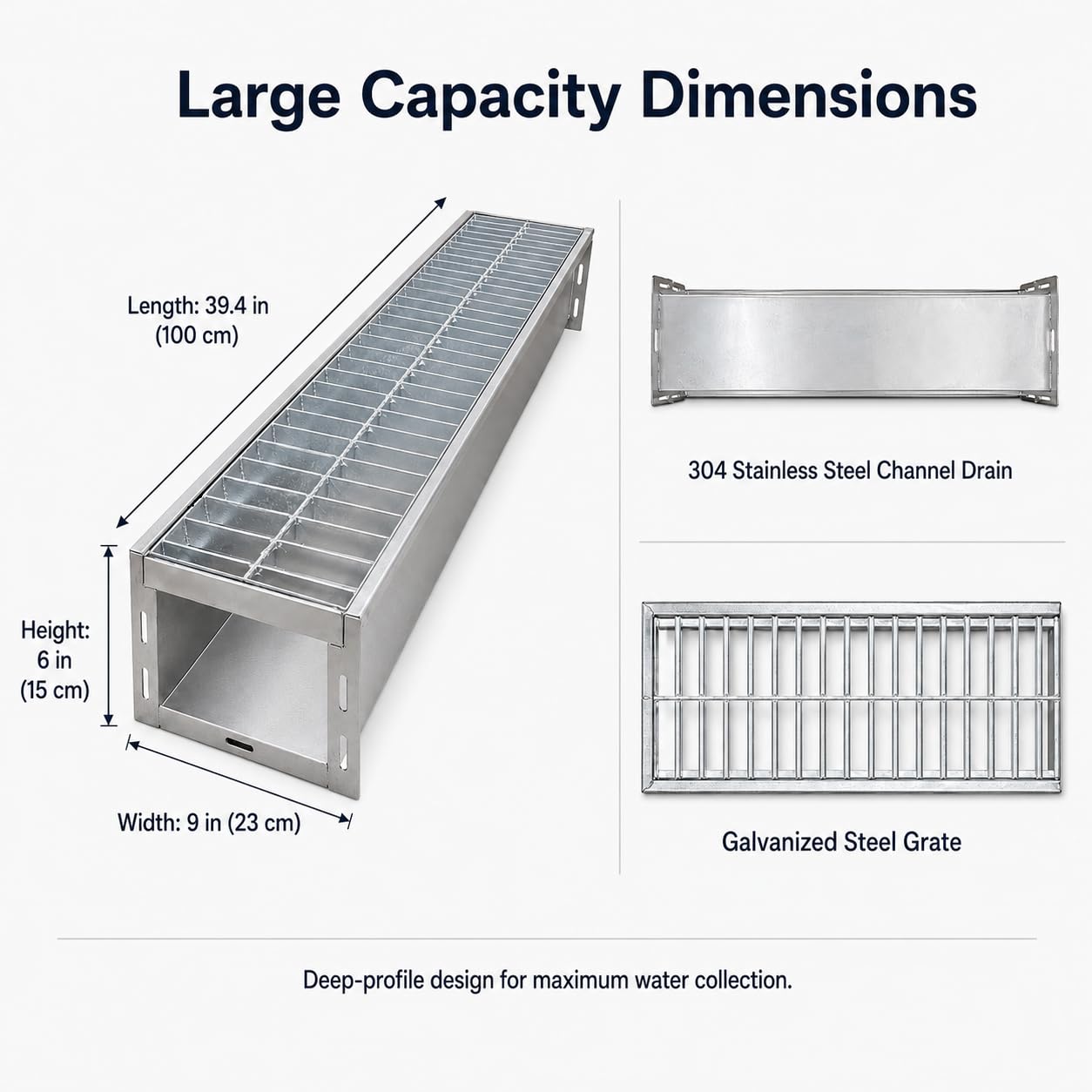 TONGMO 304 Stainless Steel Channel Drain with Stainless Steel Grate, 39.4" x 9" x 6" Heavy-Duty Trench Drain System, Class C Load Rating (55,000 lbs) for Driveways, Commercial Areas & Industrial Sites
