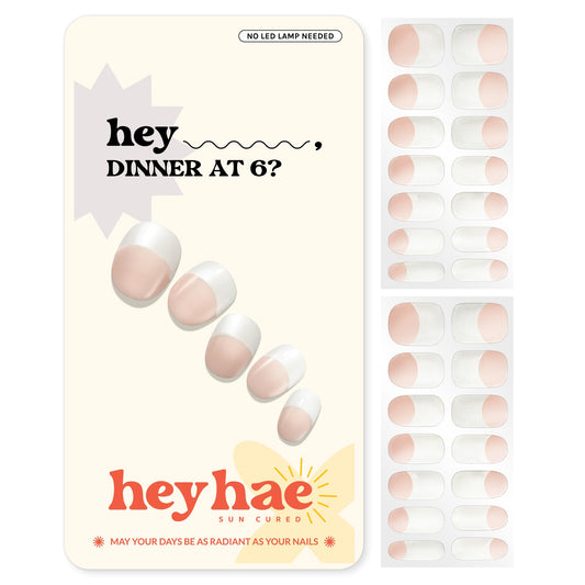 Heyhae Semi Cured Gel Nail Strips | No LED Lamp Needed | French, Pink, Spring | Easy Apply & Remove, Salon Quality | Includes 28 Strips, 1 Prep Pads, Nail File & Wooden Stick - Hey, Dinner at 6?