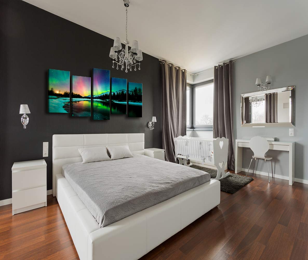 S01927 5 Pieces Wall Art Aurora scenery Painting on Canvas Stretched and Framed Canvas Paintings Ready to Hang for Home Decorations Wall Decor