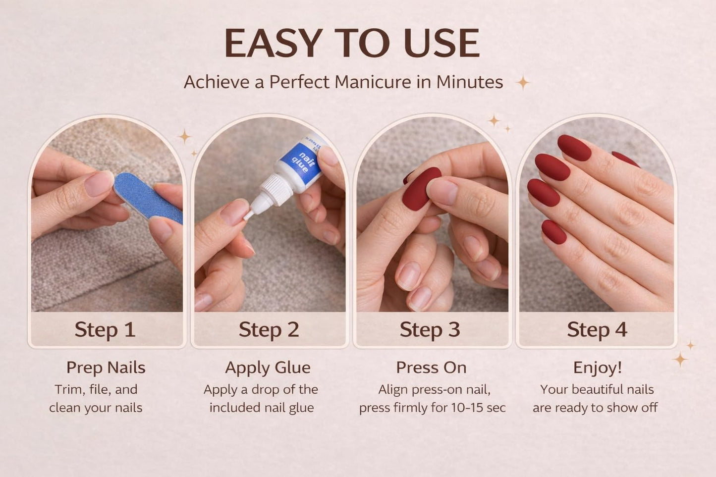 Short Almond Press On Nails – Natural Matte Nude Set, Mocha Brown & Burgundy, Clean Girl Look, Extra Strong Glue, Reusable Fake Nails