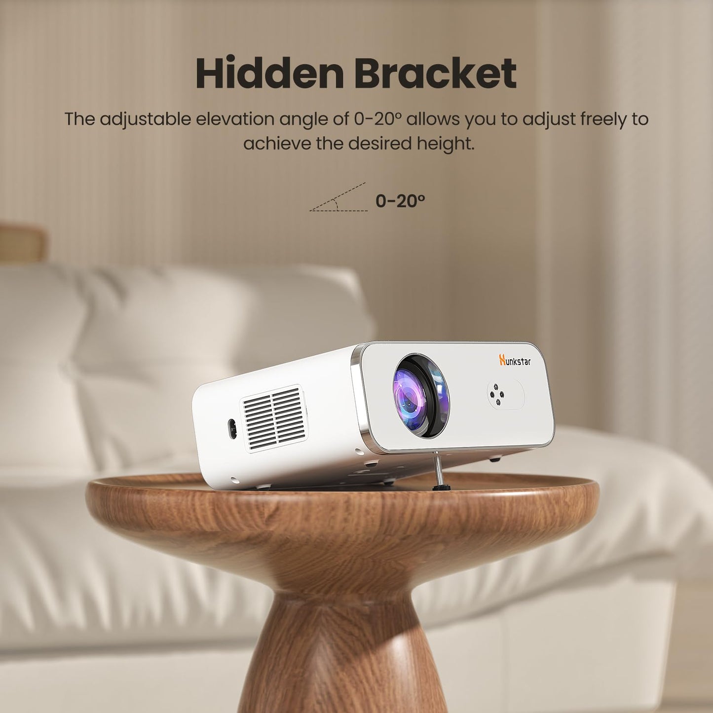 HUNKSTAR Mini Projector, 4K Support Projector with Wifi 6 and Bluetooth 5.2, 1000 ANIS Portable HD1080P Home Video Projector with Auto Focus, Suitable for Family Gatherings, Various Festivals (White)