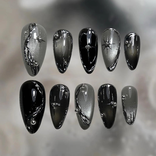 BABALAL Press On Nails Medium Almond, Black Cat Eye Fake Nails, Silver Chrome Gothic, Y2k Star, 24Pcs Acrylic False Nails