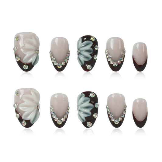 Tesytto Short Almond Press on Nails, Nude Pink Dark Burgundy Ombre Fake Nails with 3D Floral & AB Rhinestone, Handmade Salon Quality Reusable False Nails for Women (Burgundy Bloom Gem,S)