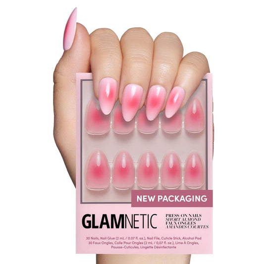 Glamnetic Press On Nails - Blushing Aura | Short Almond Trendy Pink with Ombre Center Fake Nails in a Glossy Finish | 15 Sizes - 30 Nail Kit with Glue