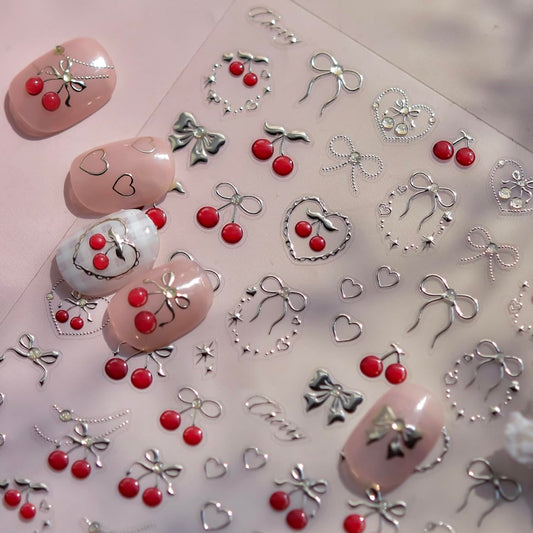 Phuryllic 3D Nail Stickers for Nail Art, Embossed Self-Adhesive Cute Nail Charms & Decals for DIY Nails, Easy-to-Apply Nail Design Supplies & Accessories for Home Manicure-Cherry for Valentine's Day