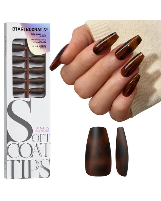 BTArtboxnails SOFTCOATTIPS Press On Nails - Tortoiseshell Coffin Press On Nails Medium, 90Pcs Salon Quality Soak Off Soft Gel Nail Tips in 15 Sizes