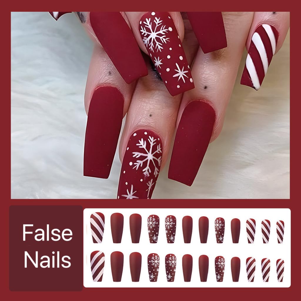 Christmas Press on Nails Long - Coffin Fake Nails with Snowflake Stripes Design - Red Full Cover Stick on False Nails -for Women 24 Pcs