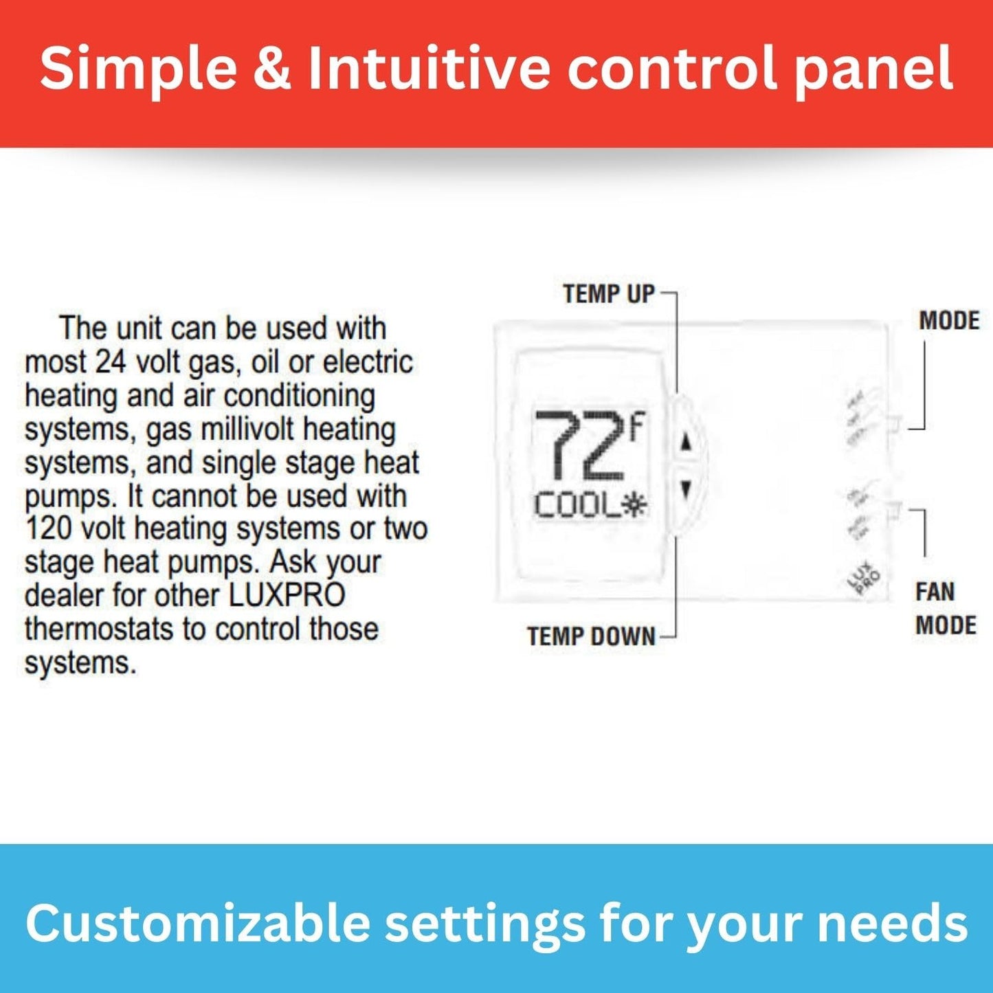 Lux Pro PSD111B Non-Programmable Thermostat for Home Use; 1 Heat, 1 Cool