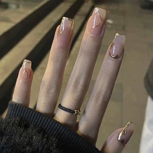 Kamize Medium Fake Nails Square Press on Nails Tips Gold Bling False Nails for Women and Grils