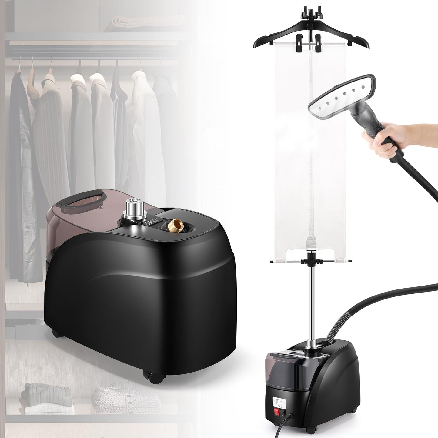 CGOLDENWALL Professional Standing Garment Steamer for Clothes 1500w Continuous 70 mins Powerful Steam, 30s Fast Heat-up, Includes Fabric brush, Ironing pad, Gloves,Trouser Clips