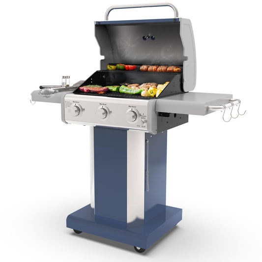Kenmore 3-Burner Propane BBQ Grill, 30,000 BTUs Gas Grill with Cast Iron Cooking Grates, Folding Side Tables & Wheels, Outdoor Grill with Tool Hooks, Azure Blue