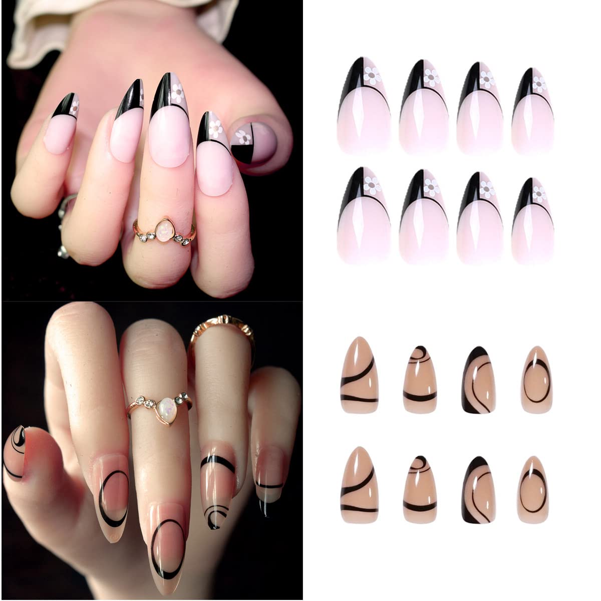 Press On Nails Short, Stripes French Fake Nails, 2packs (48 Pcs) Glossy Full Cover Acrylic Press on Nails Almond, Black Stick On Nails for Women and Girls